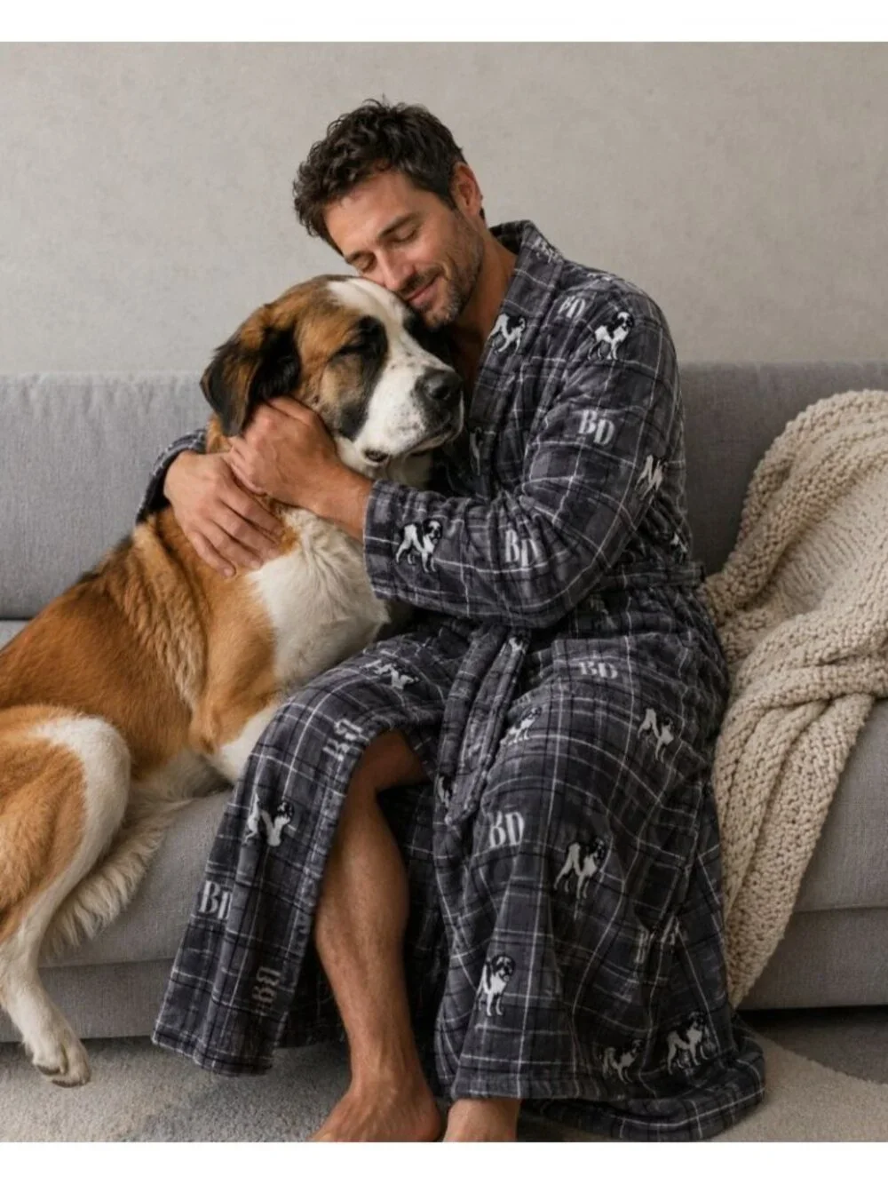 Big Dogs Plush Fleece Bath Robe Gray Plaid One Size Belted Soft Men's Robe